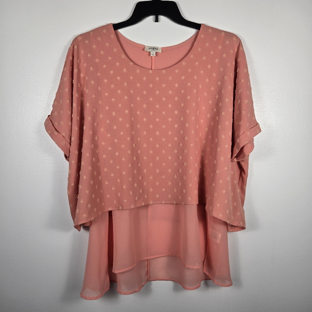 Umgee Swiss Polkadot Cuffed Sleeve Oversized Layered Tunic Blouse Top Size Small